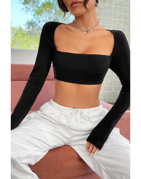 Omarı Siyah Göğüs ve Sırt Dekolteli Crop Top Bluz
