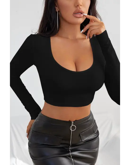 Omarı Kadın Siyah Kare Yaka Crop Top Bluz