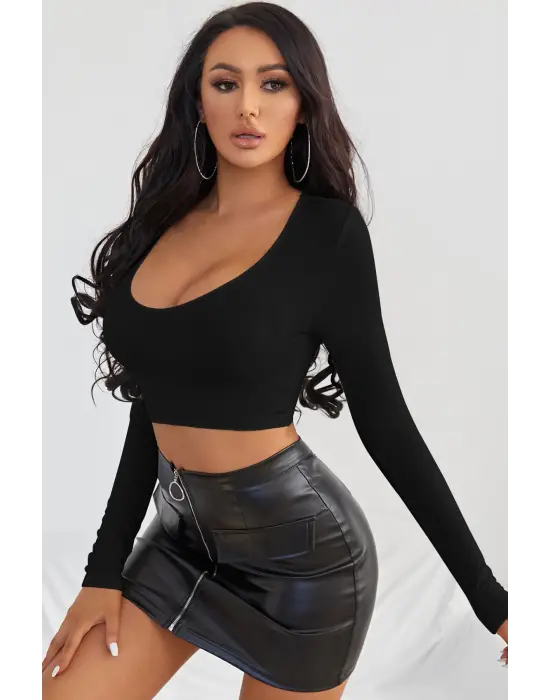 Omarı Kadın Siyah Kare Yaka Crop Top Bluz