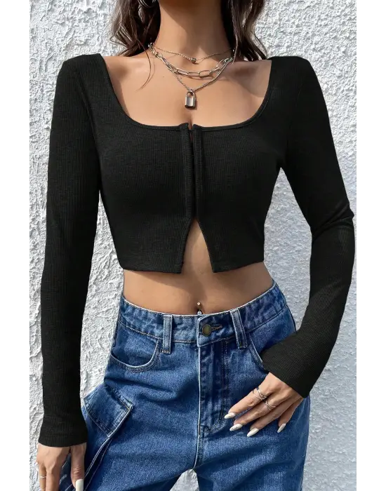 Omarı Siyah Göğüs ve Göbek Dekolteli Crop Top Bluz