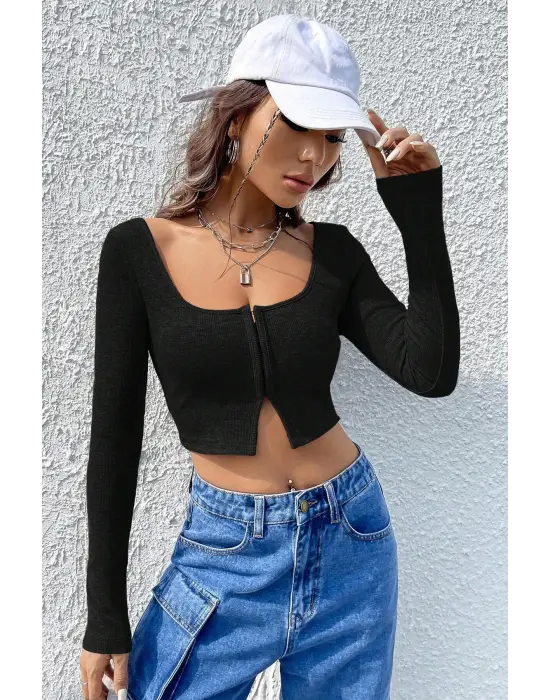 Omarı Siyah Göğüs ve Göbek Dekolteli Crop Top Bluz
