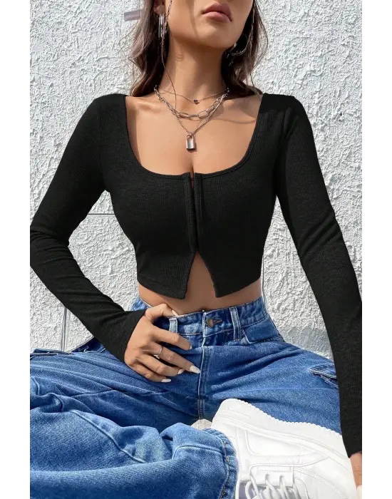 Omarı Siyah Göğüs ve Göbek Dekolteli Crop Top Bluz