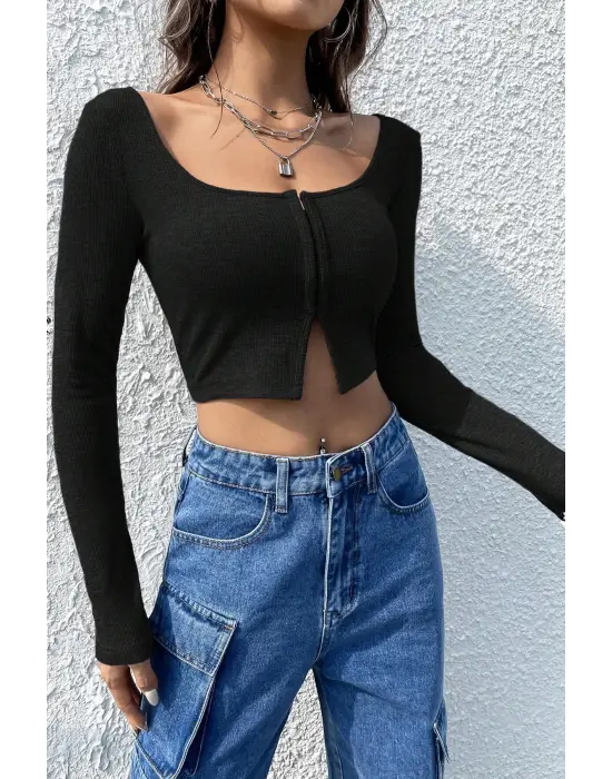 Omarı Siyah Göğüs ve Göbek Dekolteli Crop Top Bluz
