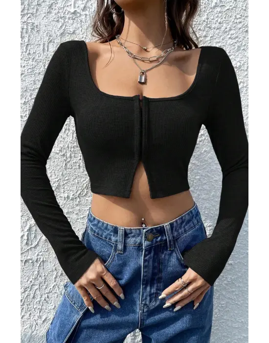 Omarı Siyah Göğüs ve Göbek Dekolteli Crop Top Bluz