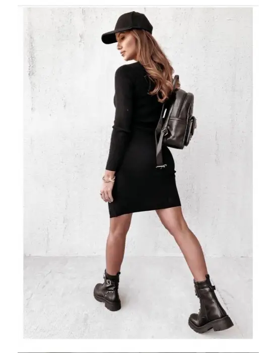 Kadın Siyah Uzun Kollu Bisiklet Yaka Yan Yırtmaç Düğme Detay Kısa Kaşkorse Elbise