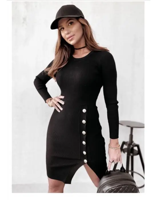 Kadın Siyah Uzun Kollu Bisiklet Yaka Yan Yırtmaç Düğme Detay Kısa Kaşkorse Elbise