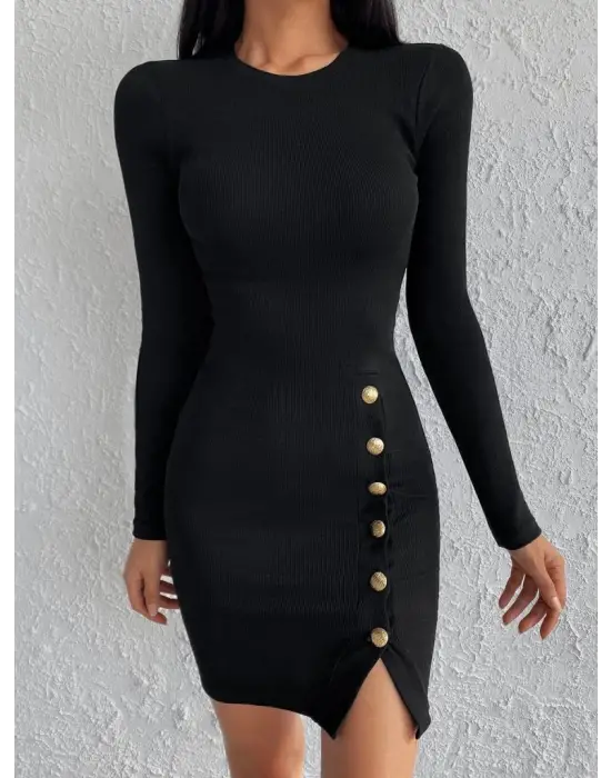 Kadın Siyah Uzun Kollu Bisiklet Yaka Yan Yırtmaç Düğme Detay Kısa Kaşkorse Elbise