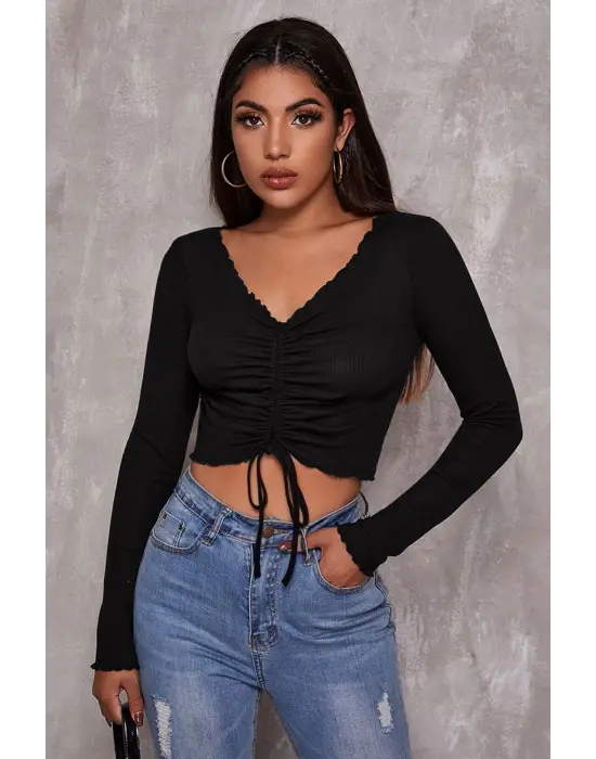 Omarı Siyah Crop Top Bluz