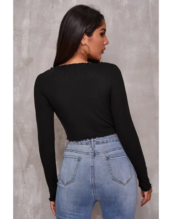 Omarı Siyah Crop Top Bluz