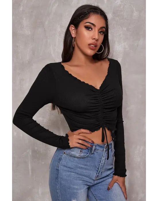 Omarı Siyah Crop Top Bluz