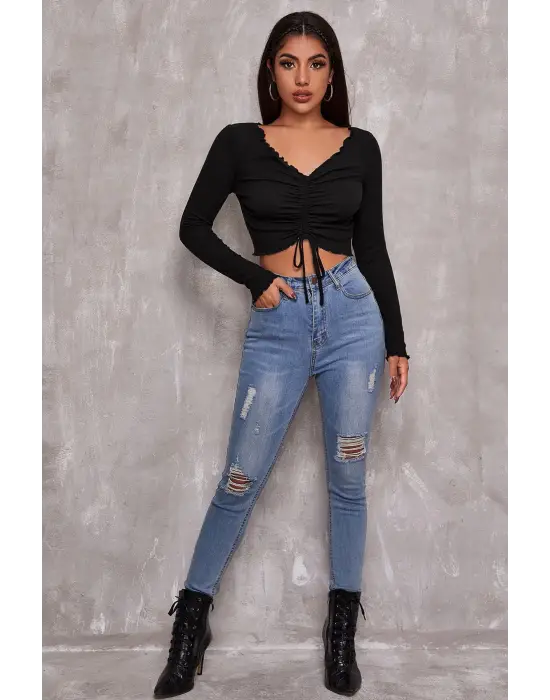 Omarı Siyah Crop Top Bluz