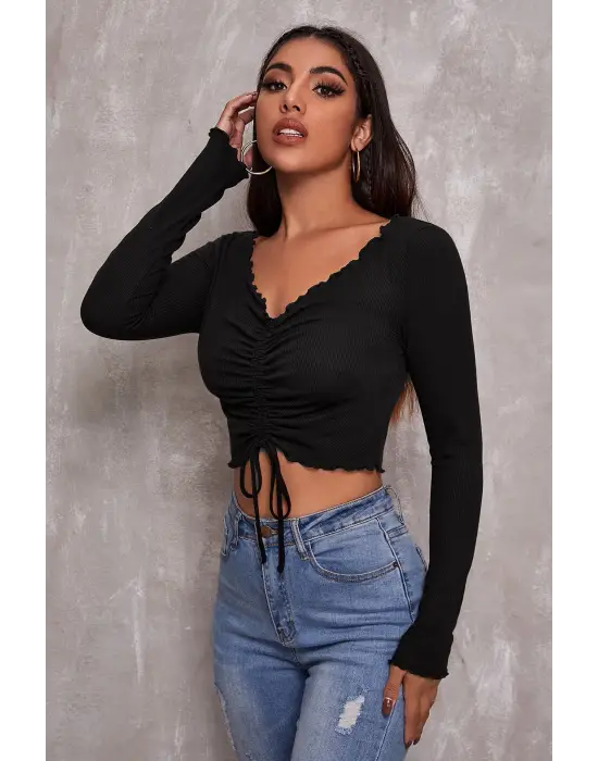 Omarı Siyah Crop Top Bluz