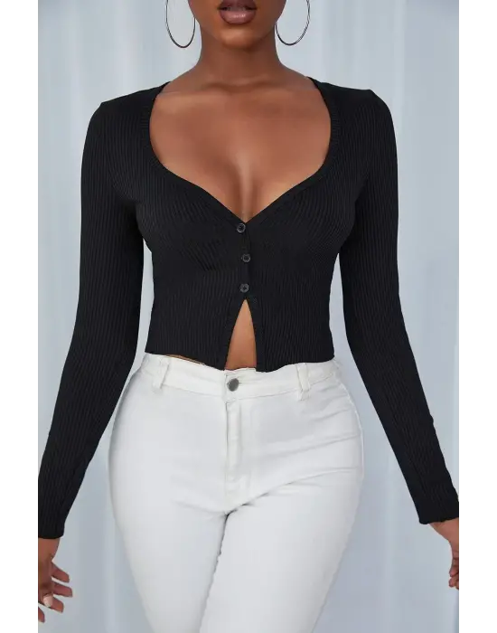 Kadın Siyah Uzun Kollu Düğmeli Göğüs ve Göbek Dekolteli Crop Top Bluz