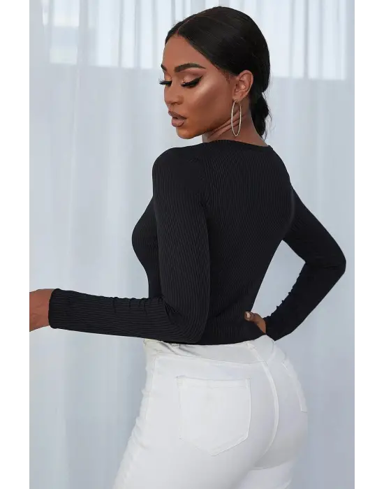 Kadın Siyah Uzun Kollu Düğmeli Göğüs ve Göbek Dekolteli Crop Top Bluz