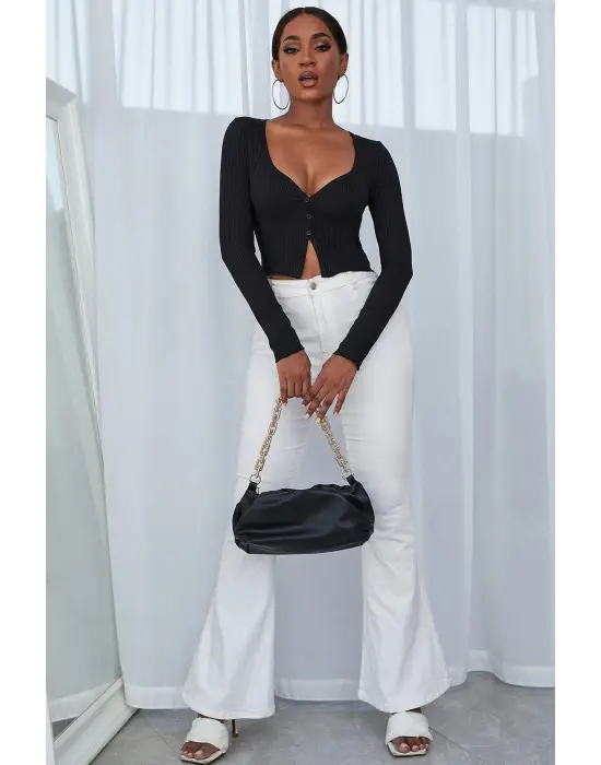 Kadın Siyah Uzun Kollu Düğmeli Göğüs ve Göbek Dekolteli Crop Top Bluz