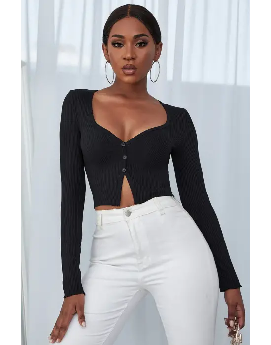 Kadın Siyah Uzun Kollu Düğmeli Göğüs ve Göbek Dekolteli Crop Top Bluz