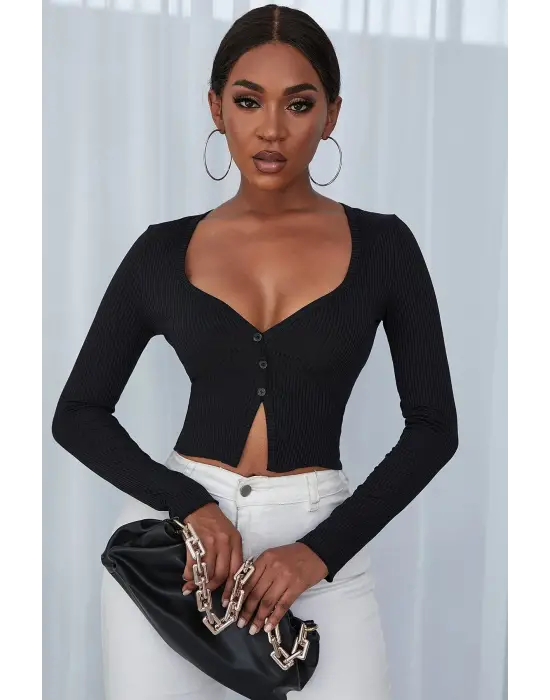 Kadın Siyah Uzun Kollu Düğmeli Göğüs ve Göbek Dekolteli Crop Top Bluz