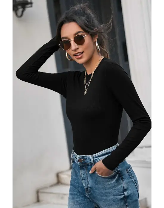 Omarı Siyah Uzun Kollu Crop Top Bluz