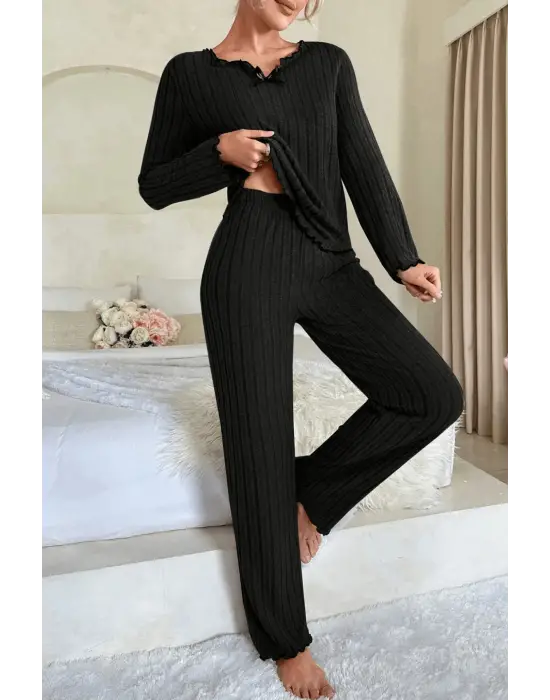 Kadın Siyah Uzun Kollu Fiyonklu Yuvarlak Yaka Mevsimlik Pijama Takımı