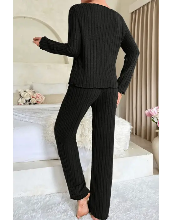 Kadın Siyah Uzun Kollu Fiyonklu Yuvarlak Yaka Mevsimlik Pijama Takımı