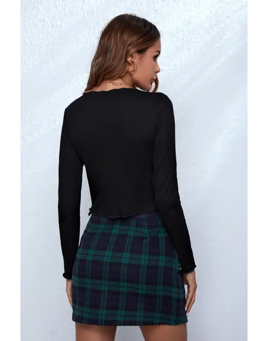 Omarı Siyah Uzun Kollu Bağcıklı Crop Top Bluz