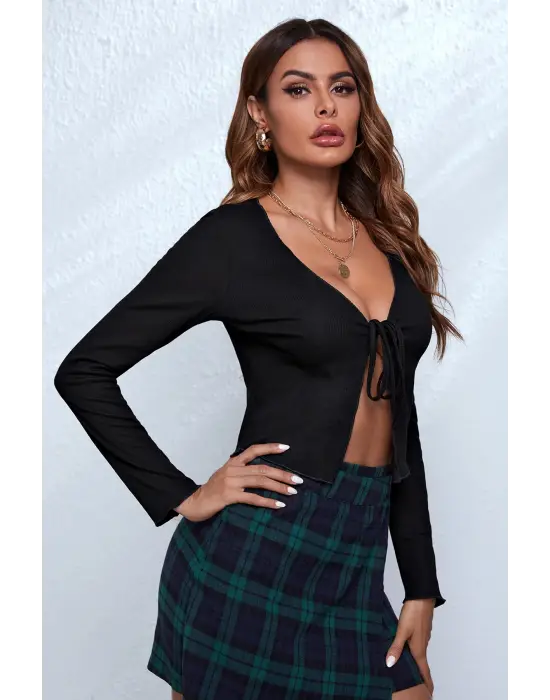 Omarı Siyah Uzun Kollu Bağcıklı Crop Top Bluz