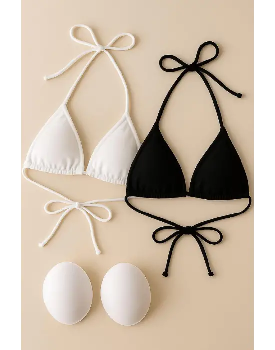 Omarı Siyah ve Beyaz Minimal Kesim Bikini Üstü