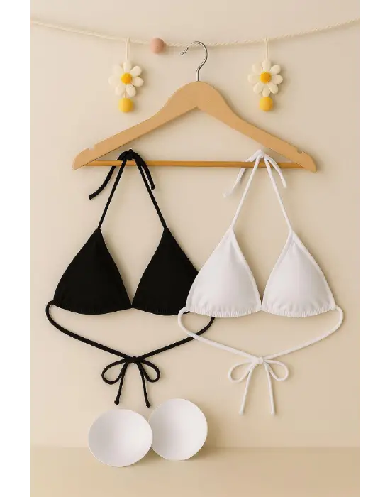 Omarı Siyah ve Beyaz Minimal Kesim Bikini Üstü