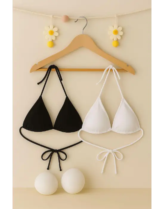 Omarı Siyah ve Beyaz Minimal Kesim Bikini Üstü