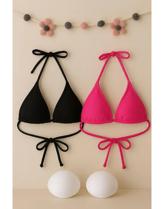 Omarı Minimal Kesim Siyah ve Fuşya Bikini Üstü