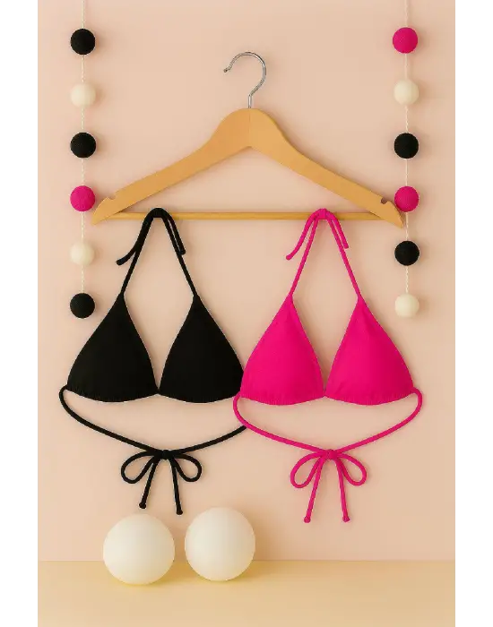 Omarı Minimal Kesim Siyah ve Fuşya Bikini Üstü