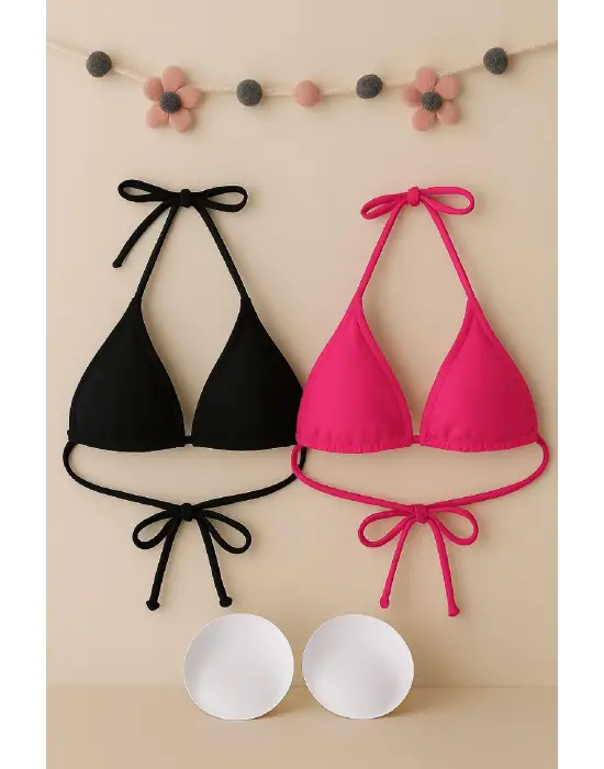 Omarı Minimal Kesim Siyah ve Fuşya Bikini Üstü