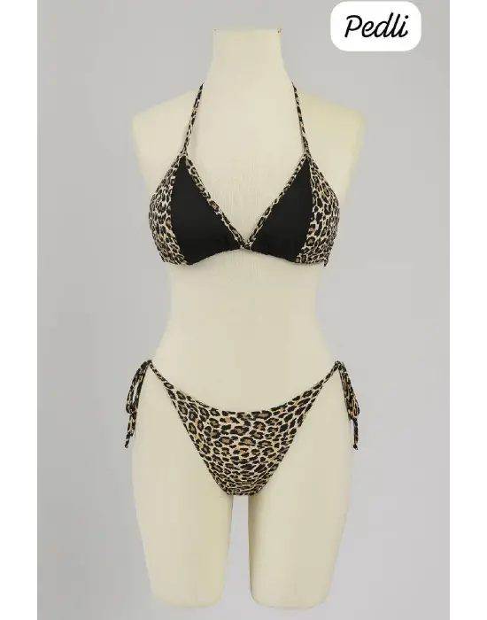 Omarı Siyah ve Leopar Detaylı Yandan Bağlamalı Bikini