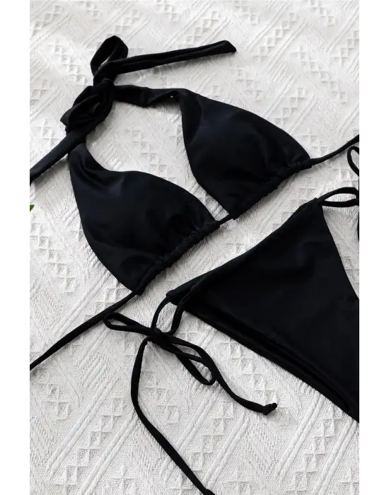 Omarı Şık Siyah Bağlamalı Üçgen Bikini Mayo