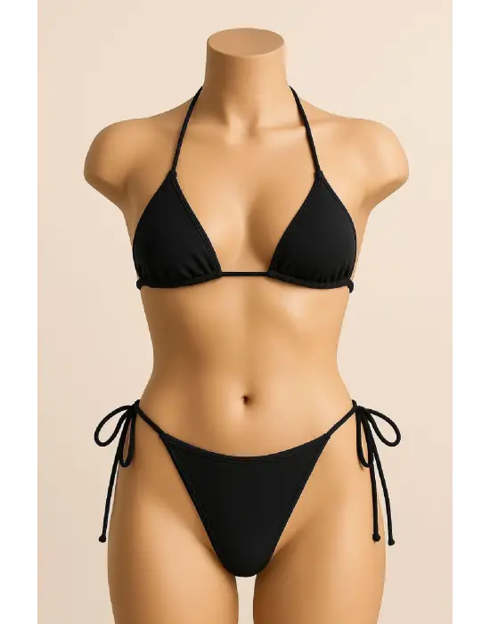 Omarı Siyah Bağlamalı Bikini Mayo Seti