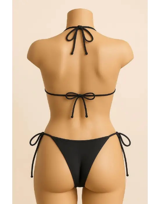 Omarı Siyah Bağlamalı Bikini Mayo Seti