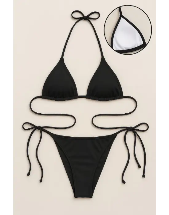 Omarı Siyah Bağlamalı Bikini Mayo Seti