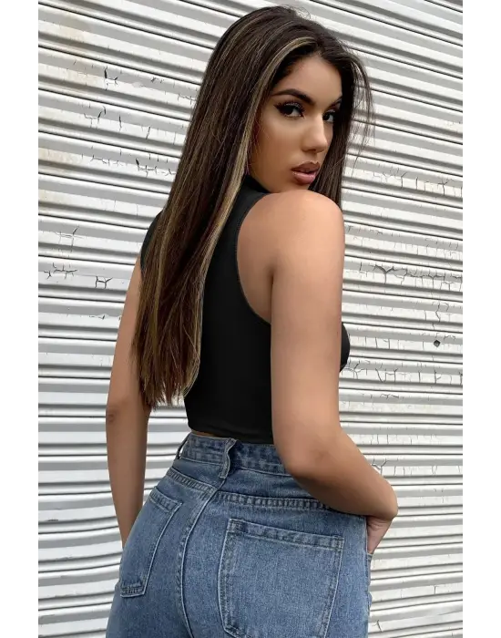 Omarı Siyah Yarım Fermuarlı Crop Top Bluz