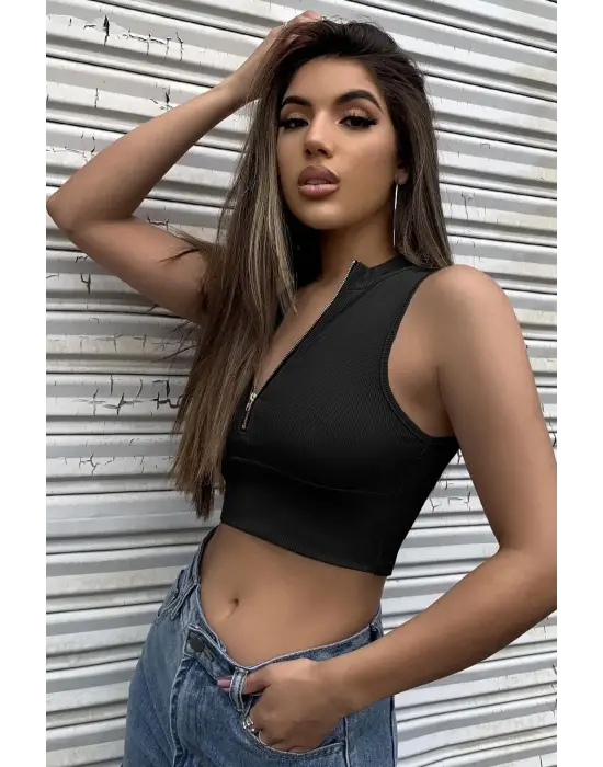 Omarı Siyah Yarım Fermuarlı Crop Top Bluz