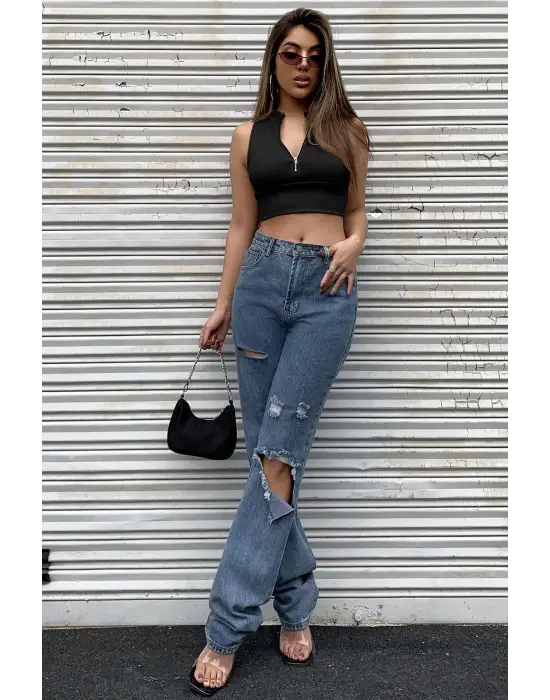 Omarı Siyah Yarım Fermuarlı Crop Top Bluz