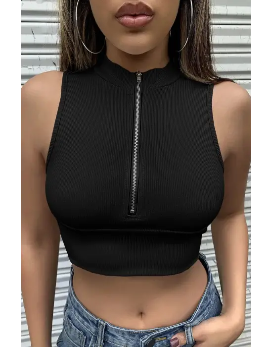 Omarı Siyah Yarım Fermuarlı Crop Top Bluz