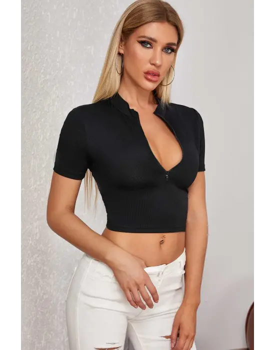 Omarı Siyah Crop Top Bluz