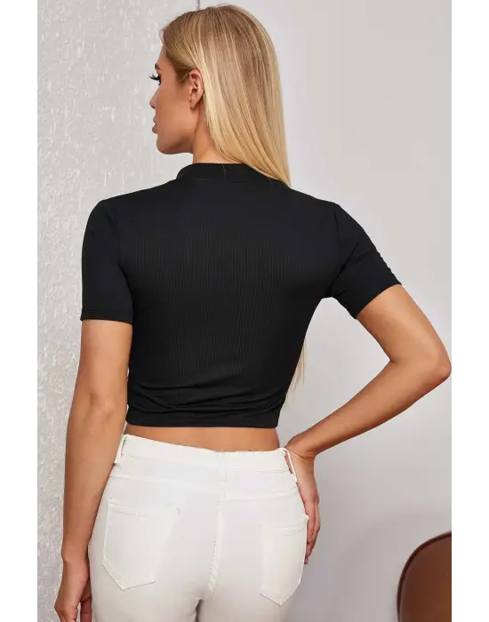 Omarı Siyah Crop Top Bluz