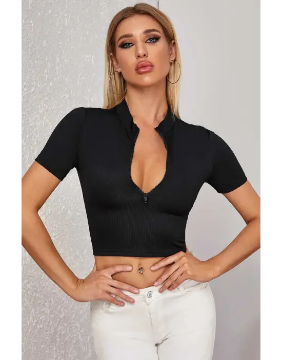 Omarı Siyah Crop Top Bluz