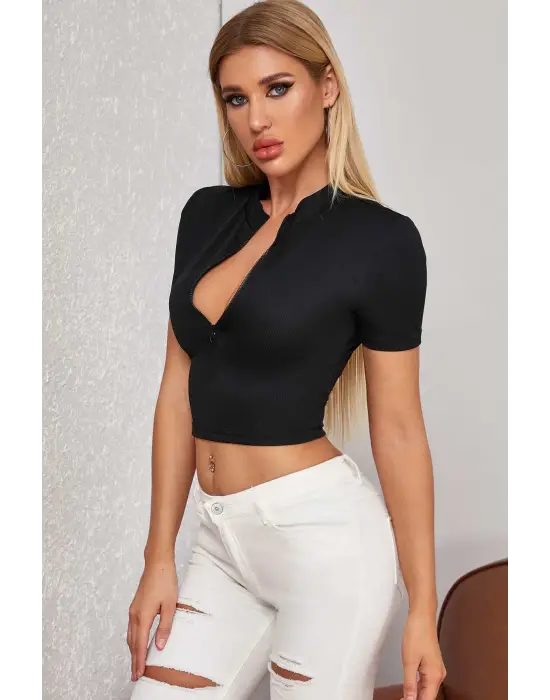 Omarı Siyah Crop Top Bluz