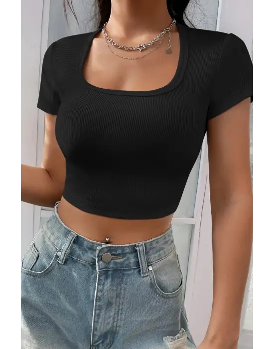Omarı Siyah Yarım Kol Crop Top Bluz