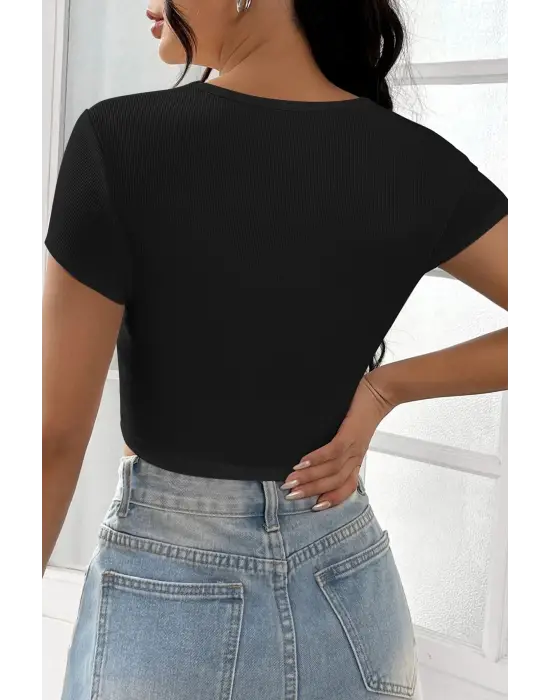 Omarı Siyah Yarım Kol Crop Top Bluz