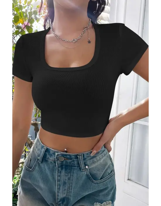 Omarı Siyah Yarım Kol Crop Top Bluz