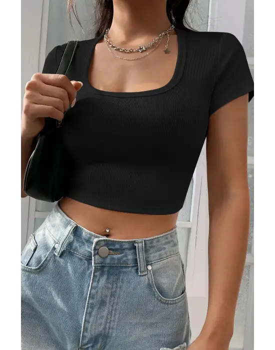 Omarı Siyah Yarım Kol Crop Top Bluz