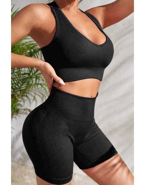 Omarı Siyah Yüksek Bel Çapraz Sırt Detaylı Gecelik Takım